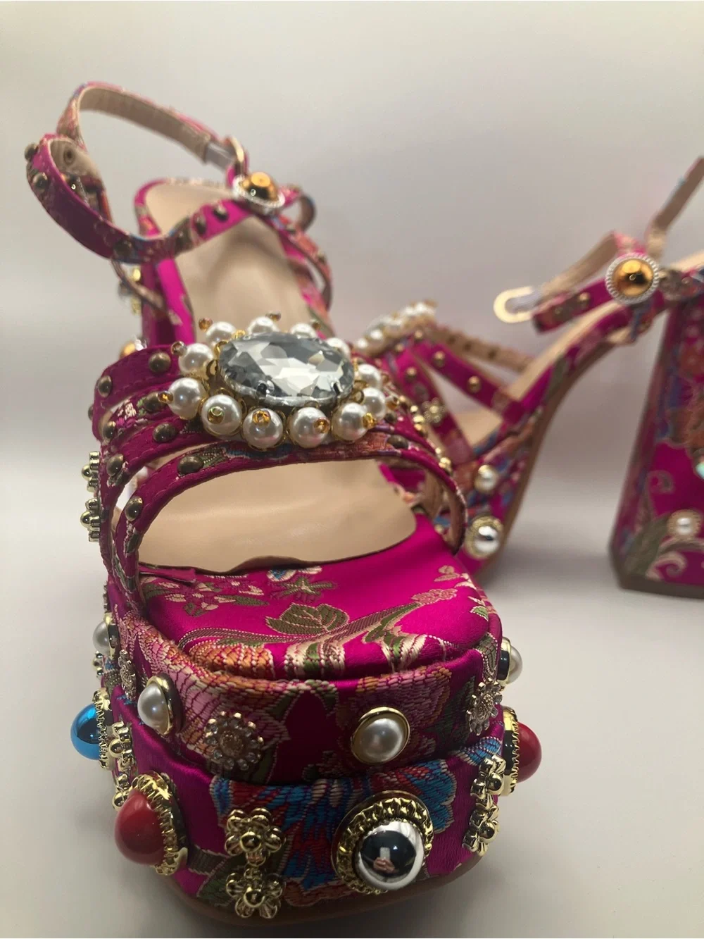 Fuchsia Embellished Platform Sandals with Floral Jacquard
